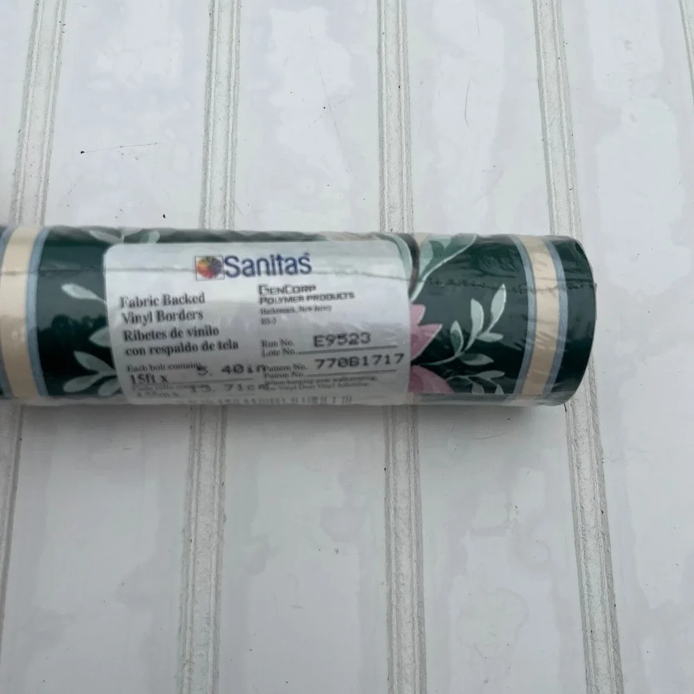 Vtg Sanitas Floral Wallpaper Border Hunter Green Pink Rose Vinyl 15